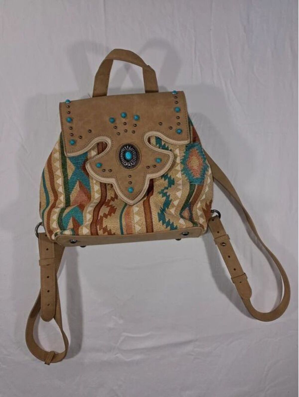 Justin Boots Southwestern Aztec Tapestry Studded Backpack Purse Concho VG